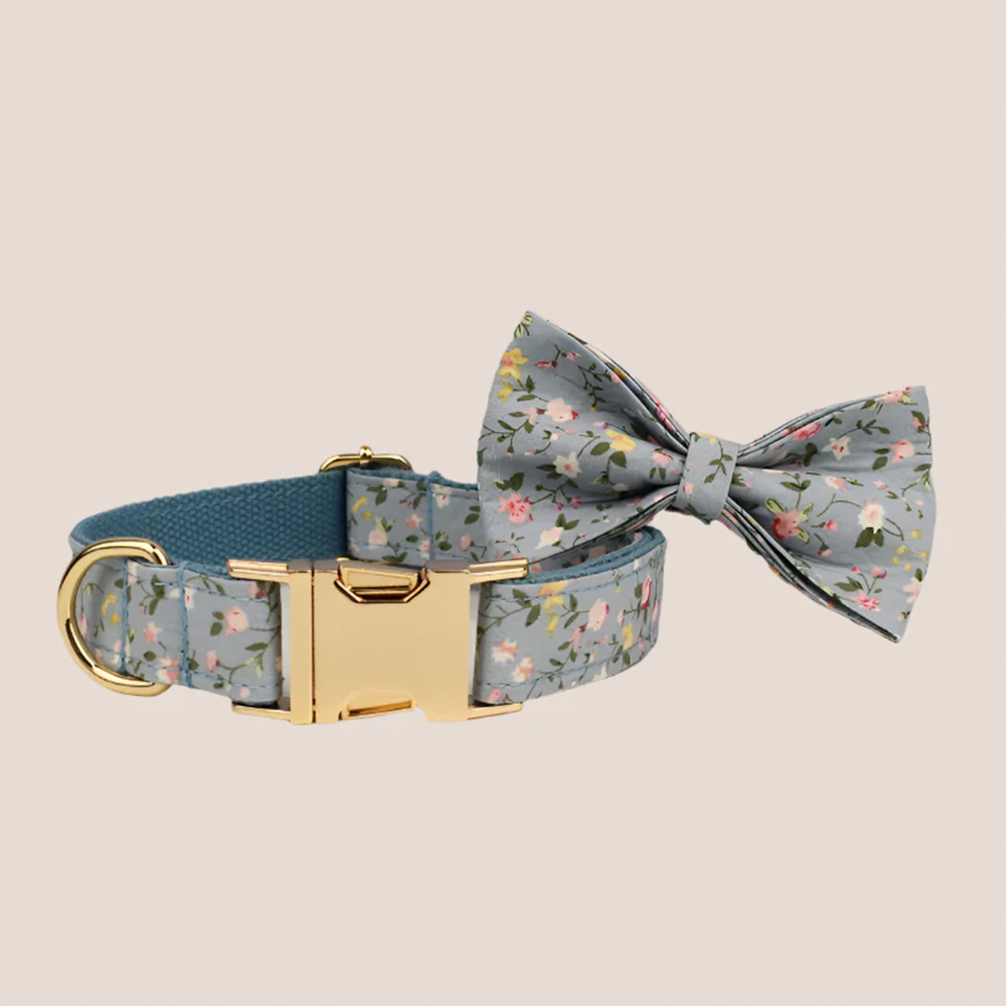 Personalized Pet ID Collar, Harness Leash & Accessories Set Blue Floral