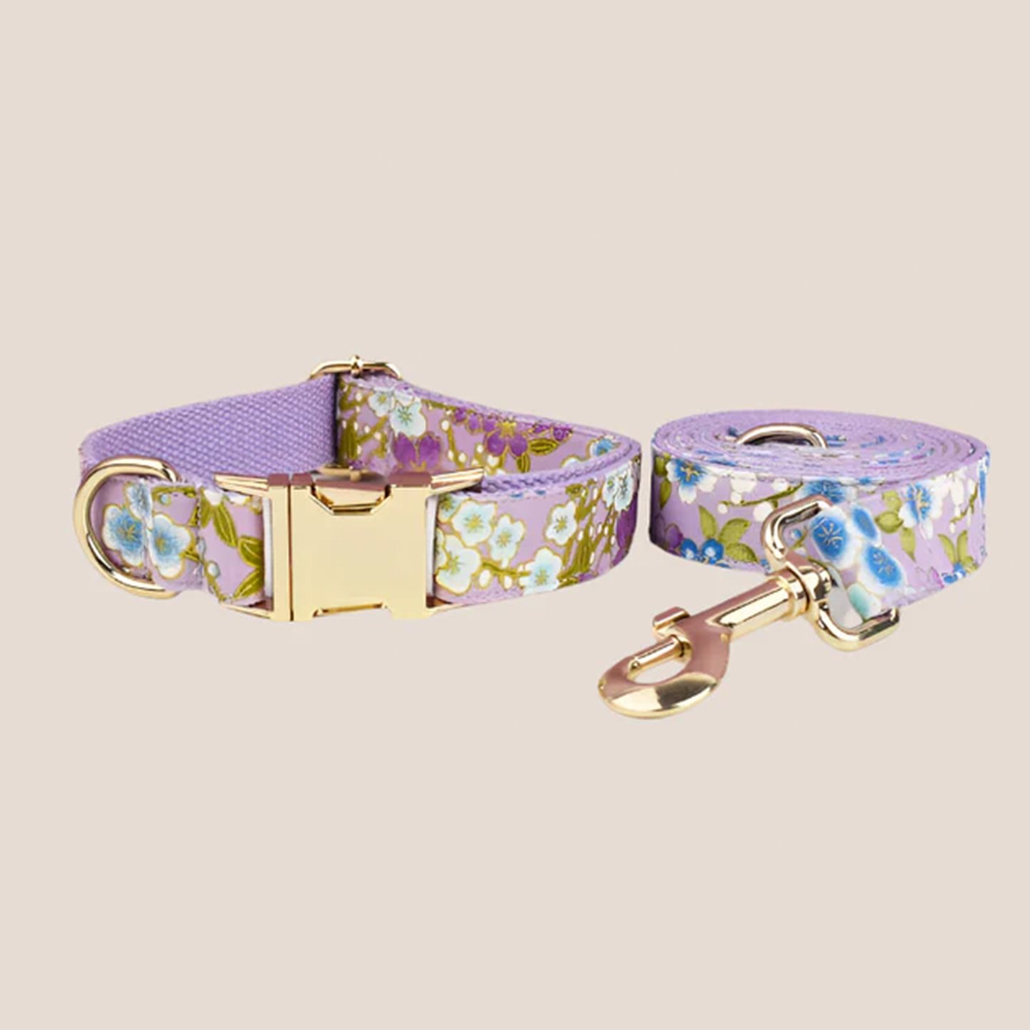 Personalized Pet ID Collar, Harness Leash & Accessories Set Purple Floral