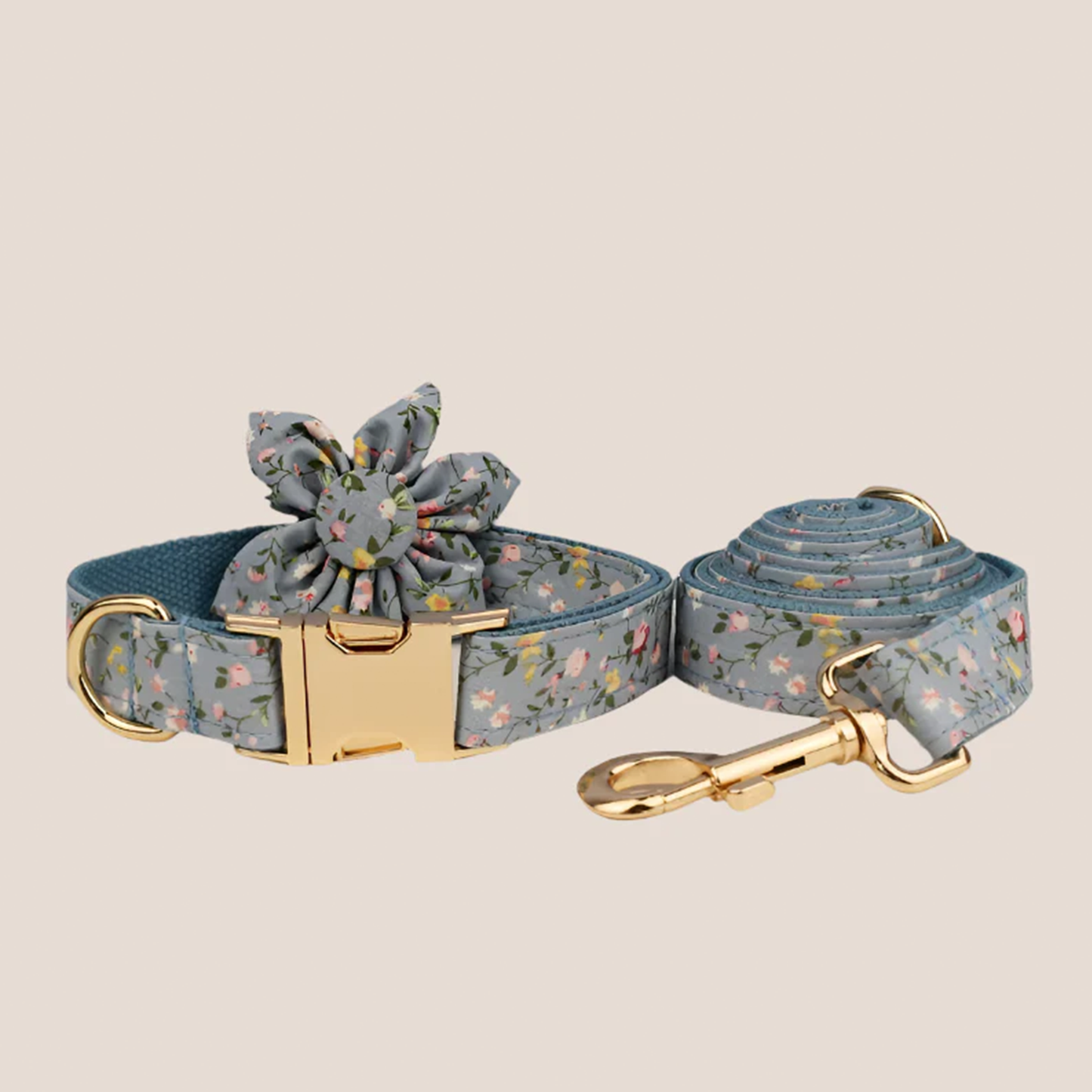 Personalized Pet ID Collar, Harness Leash & Accessories Set Blue Floral