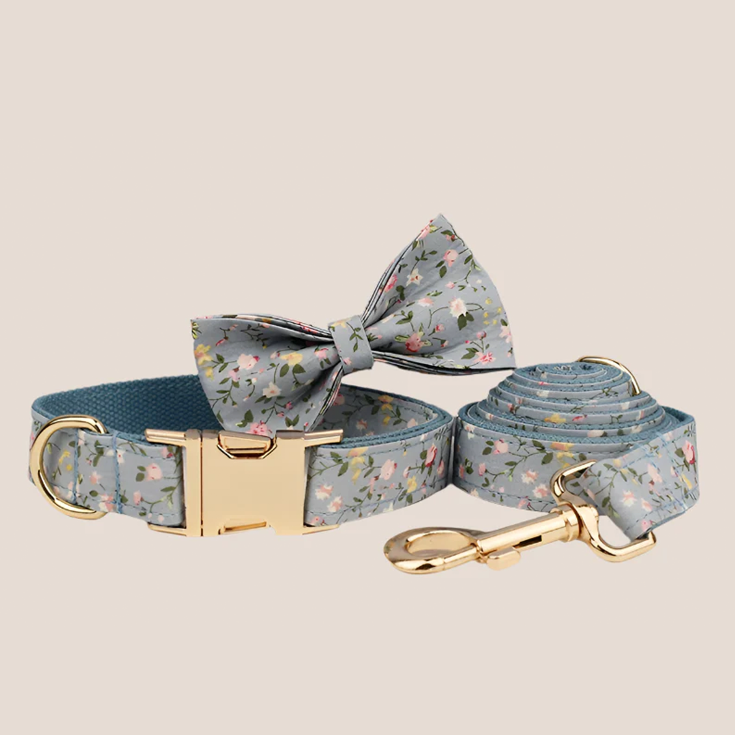 Personalized Pet ID Collar, Harness Leash & Accessories Set Blue Floral