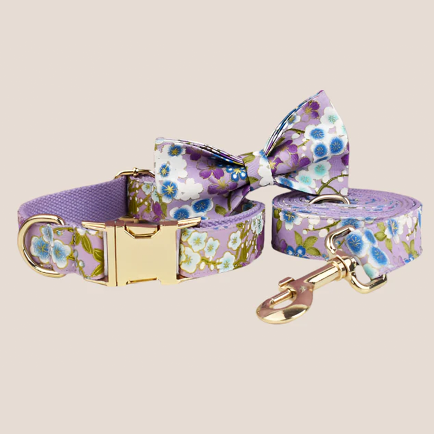 Personalized Pet ID Collar, Harness Leash & Accessories Set Purple Floral