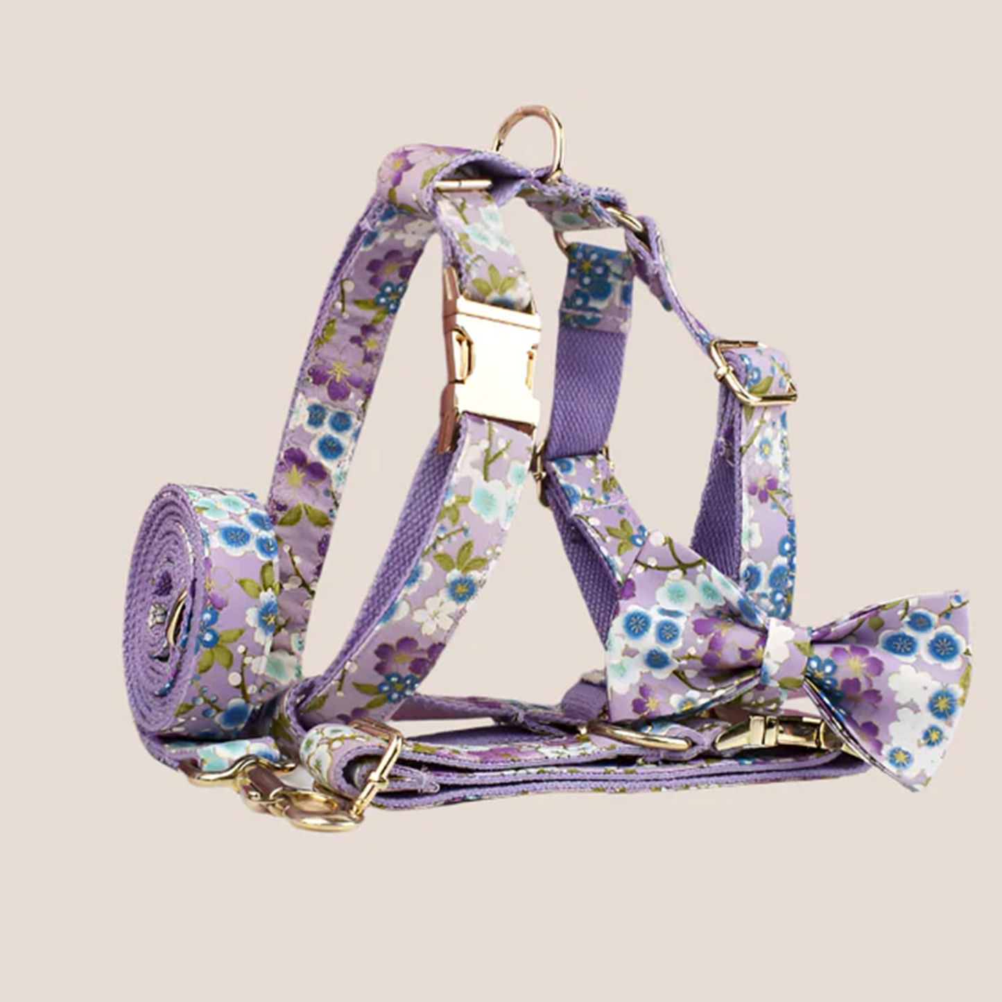 Personalized Pet ID Collar, Harness Leash & Accessories Set Purple Floral