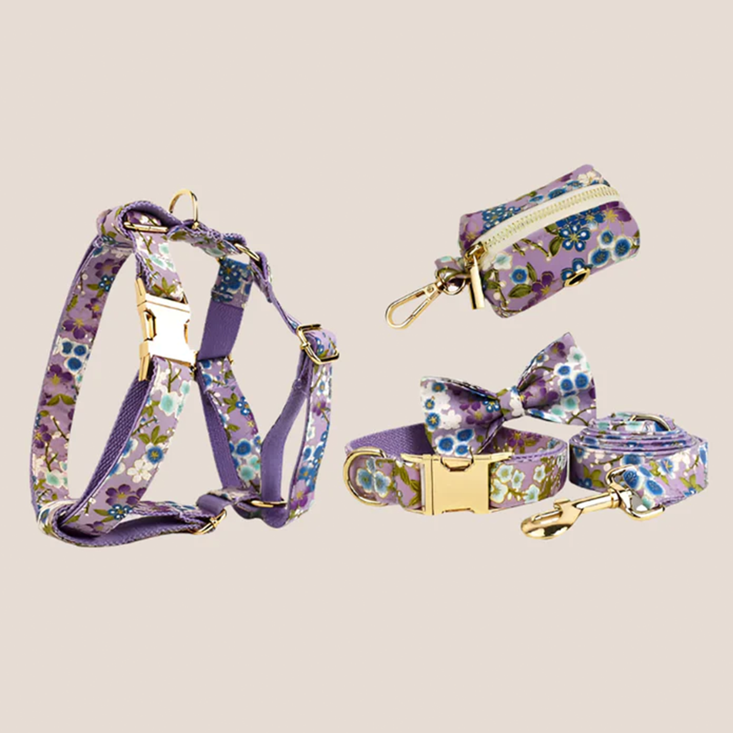 Personalized Pet ID Collar, Harness Leash & Accessories Set Purple Floral