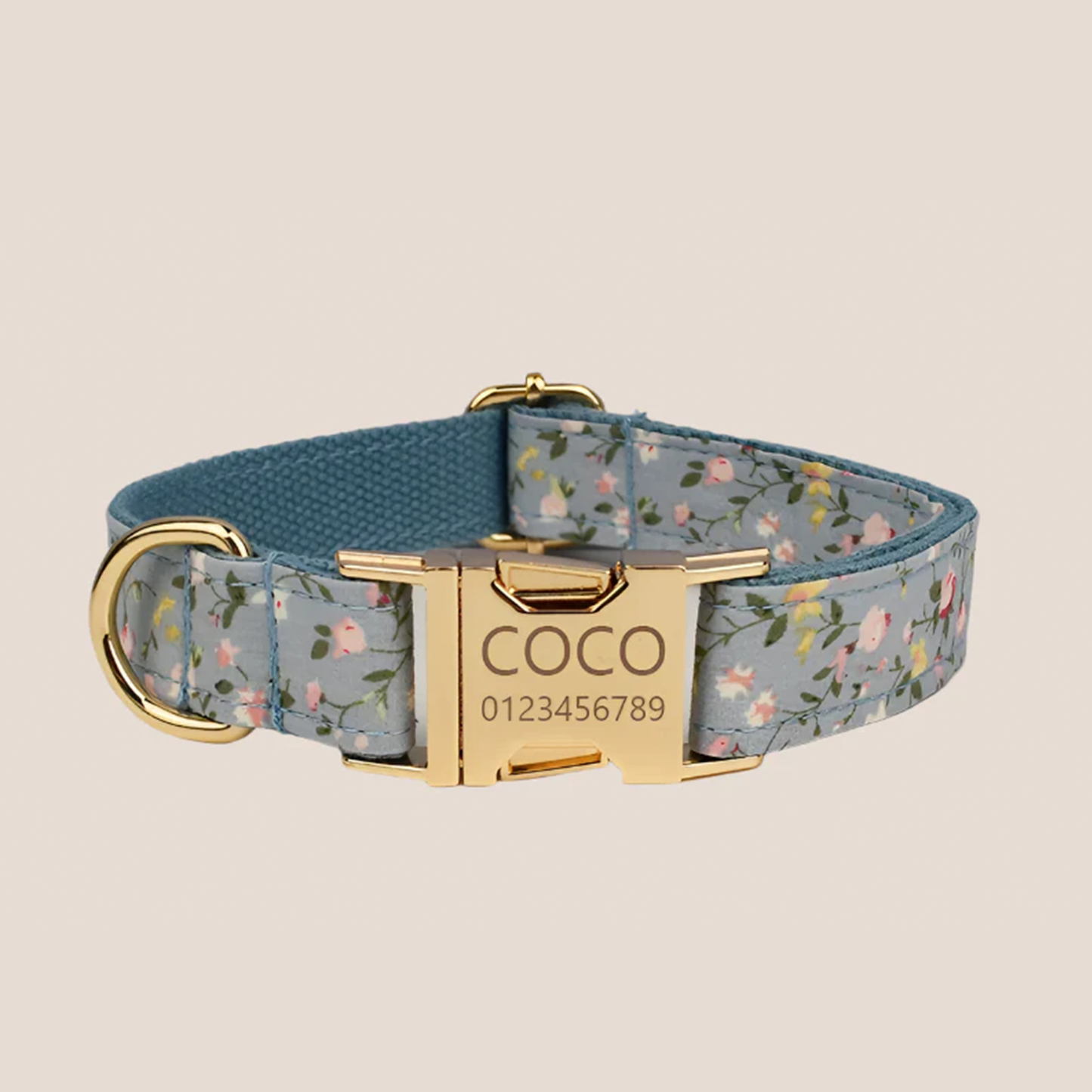 Personalized Pet ID Collar, Harness Leash & Accessories Set Blue Floral