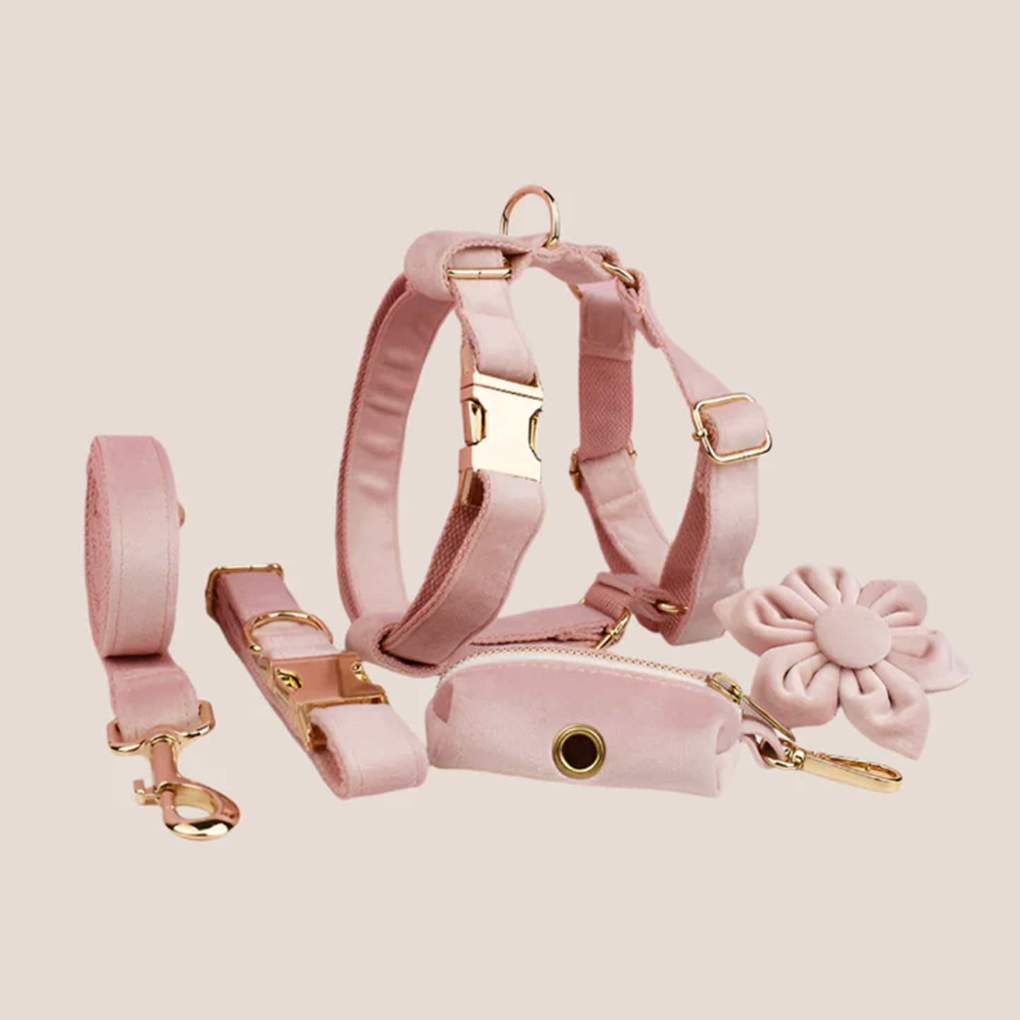 Personalized Pet ID Collar, Harness Leash & Accessories Set Pale Pink Velvet