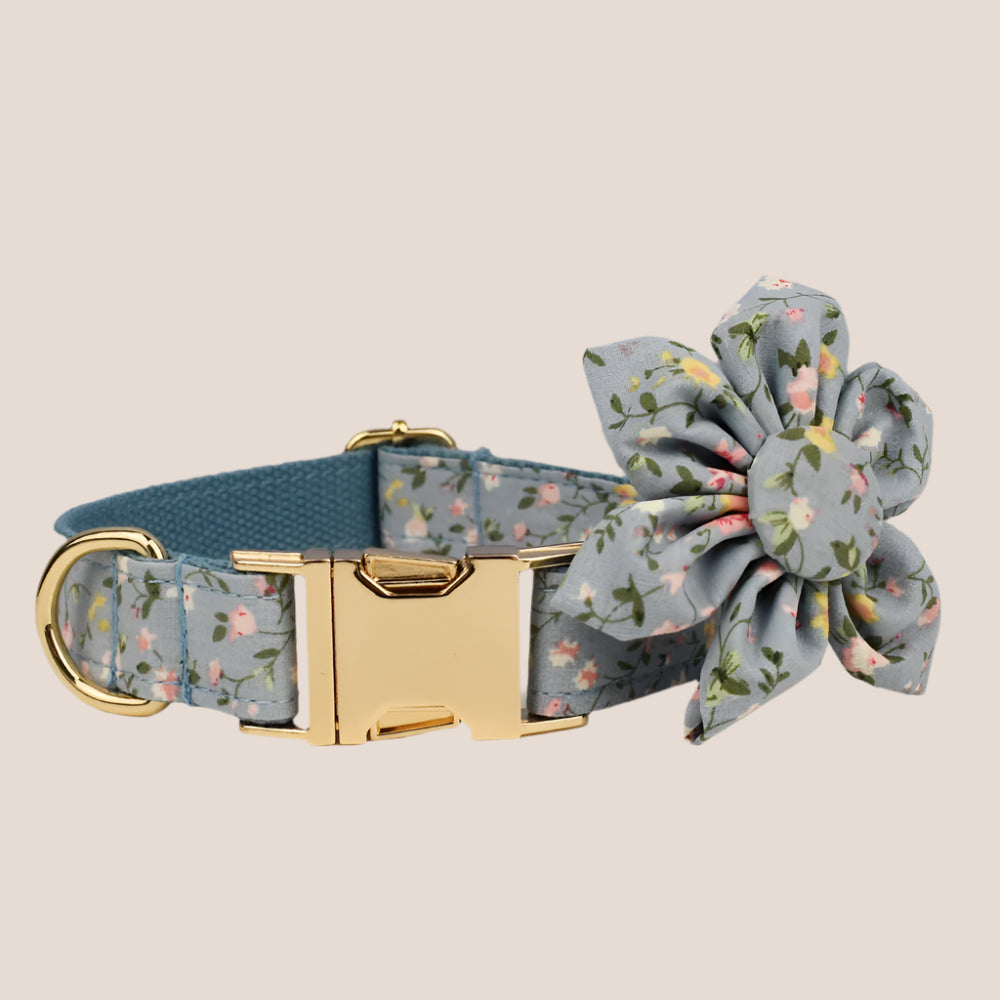 Personalized Pet ID Collar, Harness Leash & Accessories Set Blue Floral