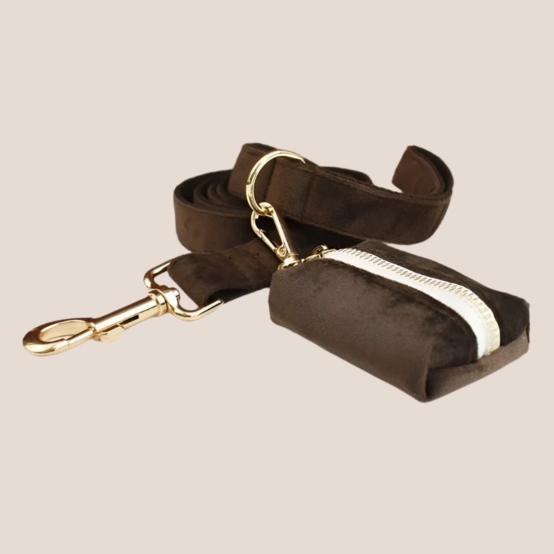 Personalized Pet ID Collar, Harness Leash & Accessories Set Brown Velvet