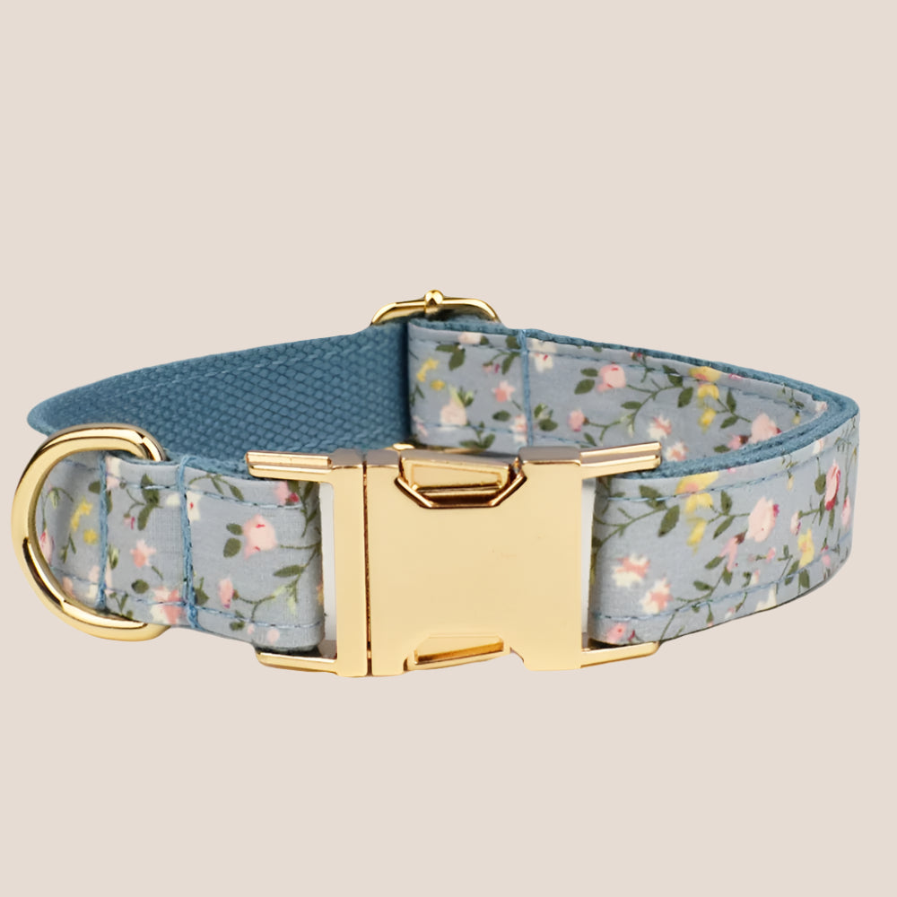Personalized Pet ID Collar, Harness Leash & Accessories Set Blue Floral