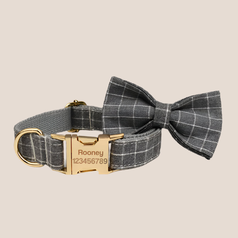 Personalized Pet ID Collar, Harness Leash & Accessories Set Grey Grid