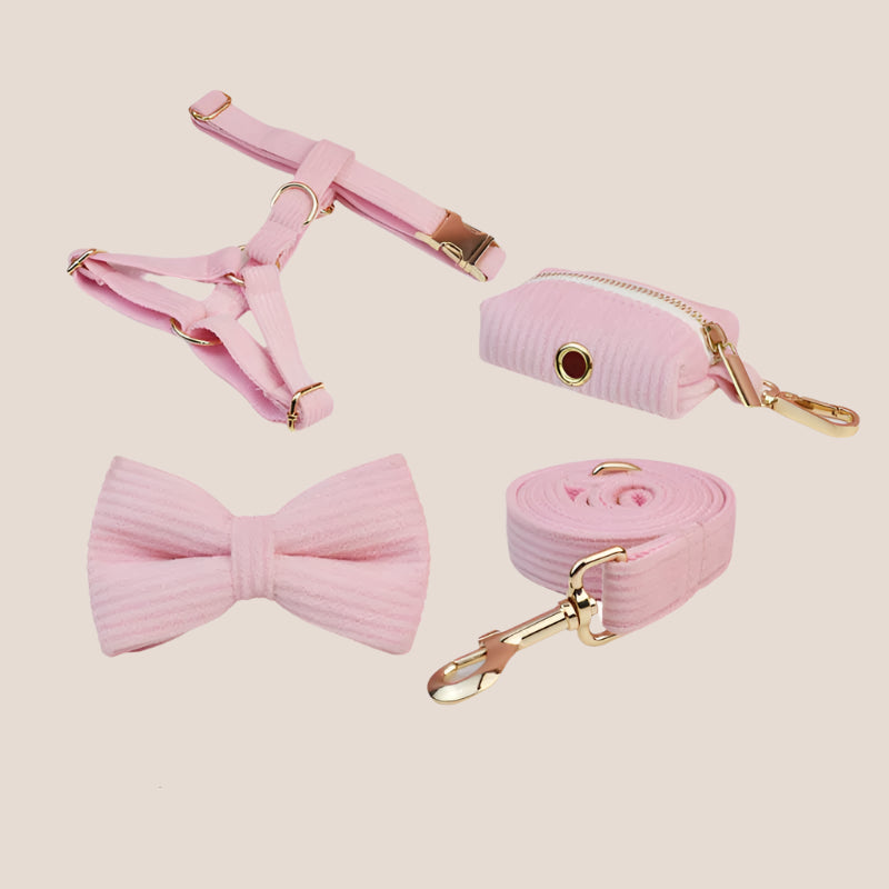 Personalized Pet ID Collar, Harness Leash & Accessories Set - Pink Corduroy