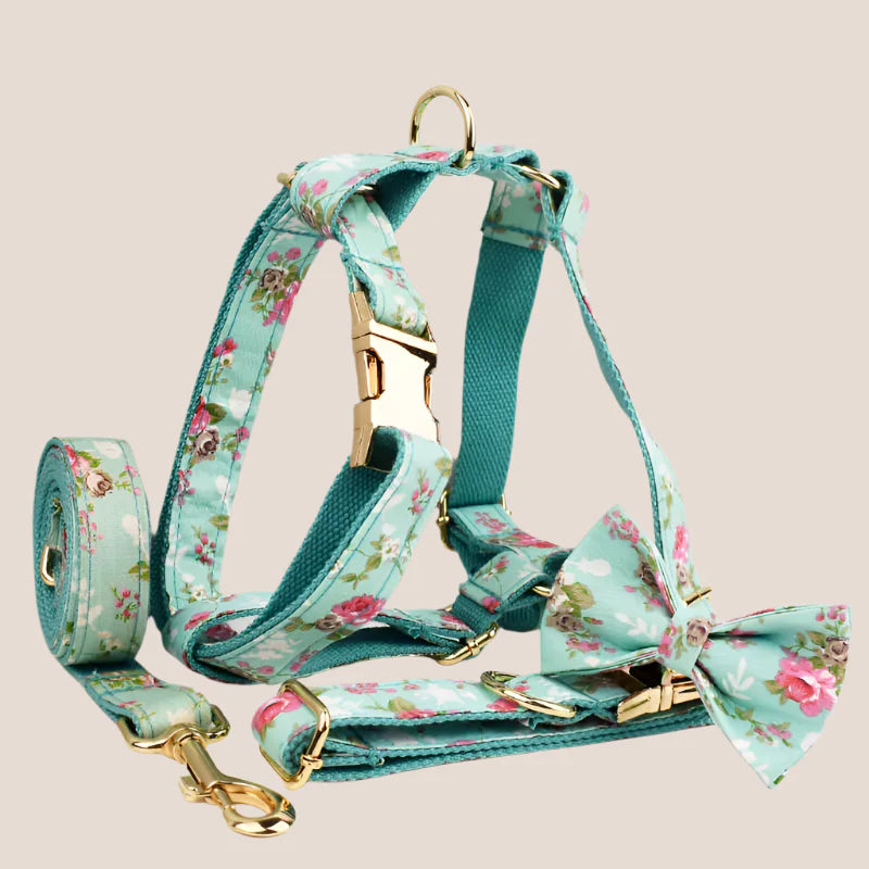 Personalized Pet ID Collar, Harness Leash & Accessories Set Mint Floral