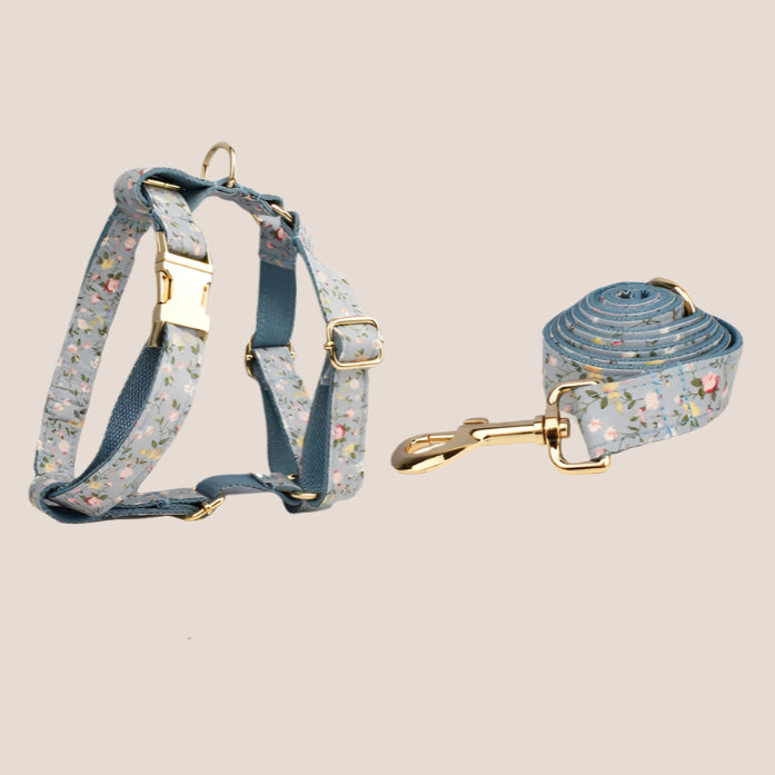 Personalized Pet ID Collar, Harness Leash & Accessories Set Blue Floral