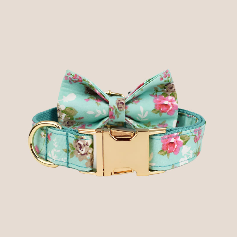 Personalized Pet ID Collar, Harness Leash & Accessories Set Mint Floral