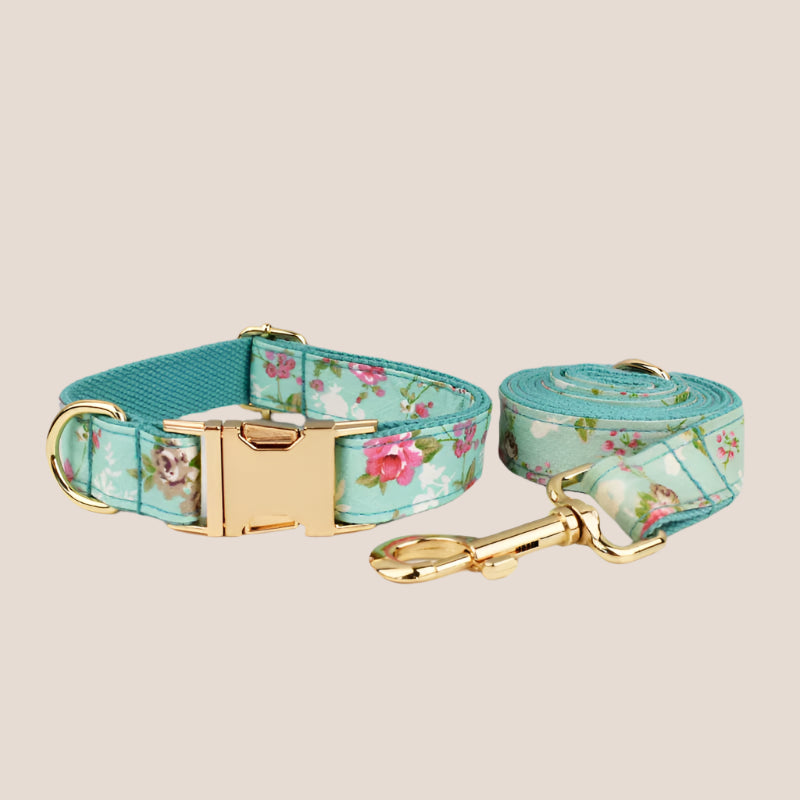 Personalized Pet ID Collar, Harness Leash & Accessories Set Mint Floral