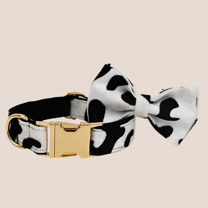 Personalized Pet ID Collar, Harness Leash & Accessories Set Cow Print Velvet