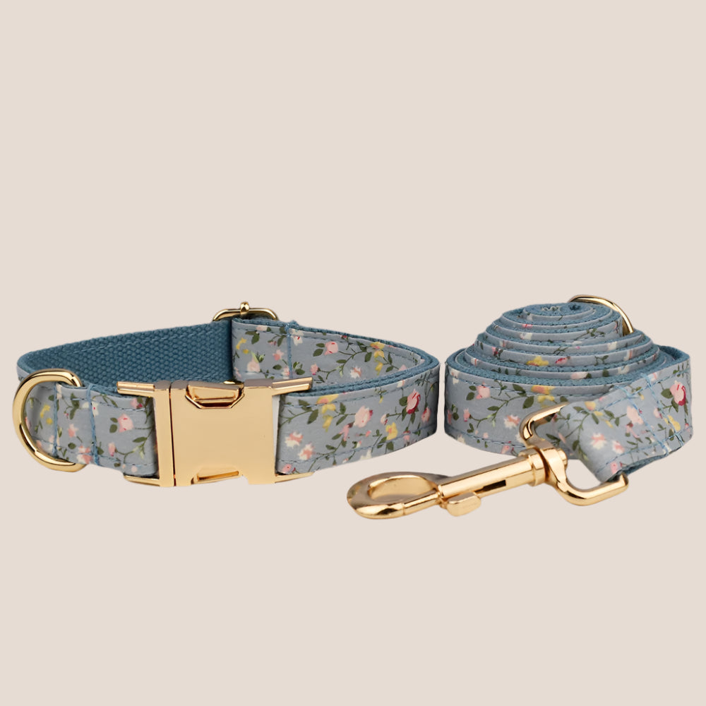 Personalized Pet ID Collar, Harness Leash & Accessories Set Blue Floral