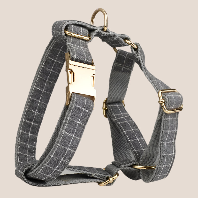 Personalized Pet ID Collar, Harness Leash & Accessories Set Grey Grid