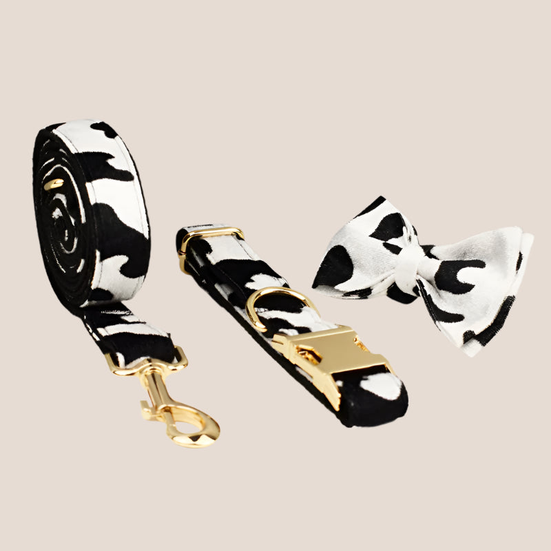 Personalized Pet ID Collar, Harness Leash & Accessories Set Cow Print Velvet