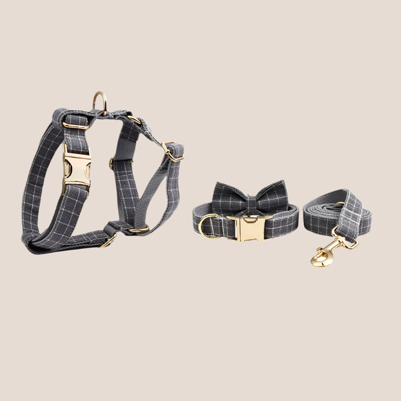 Personalized Pet ID Collar, Harness Leash & Accessories Set Grey Grid