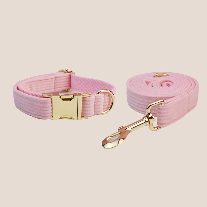Personalized Pet ID Collar, Harness Leash & Accessories Set - Pink Corduroy