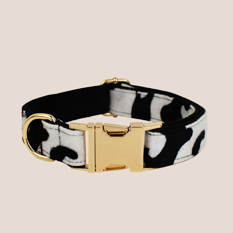 Personalized Pet ID Collar, Harness Leash & Accessories Set Cow Print Velvet