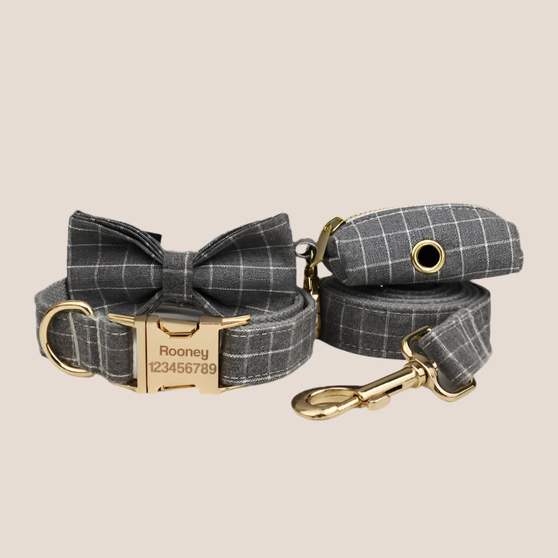 Personalized Pet ID Collar, Harness Leash & Accessories Set Grey Grid