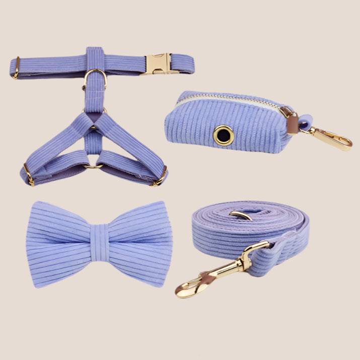 Personalized Pet ID Collar, Harness Leash & Accessories Set Purple Corduroy