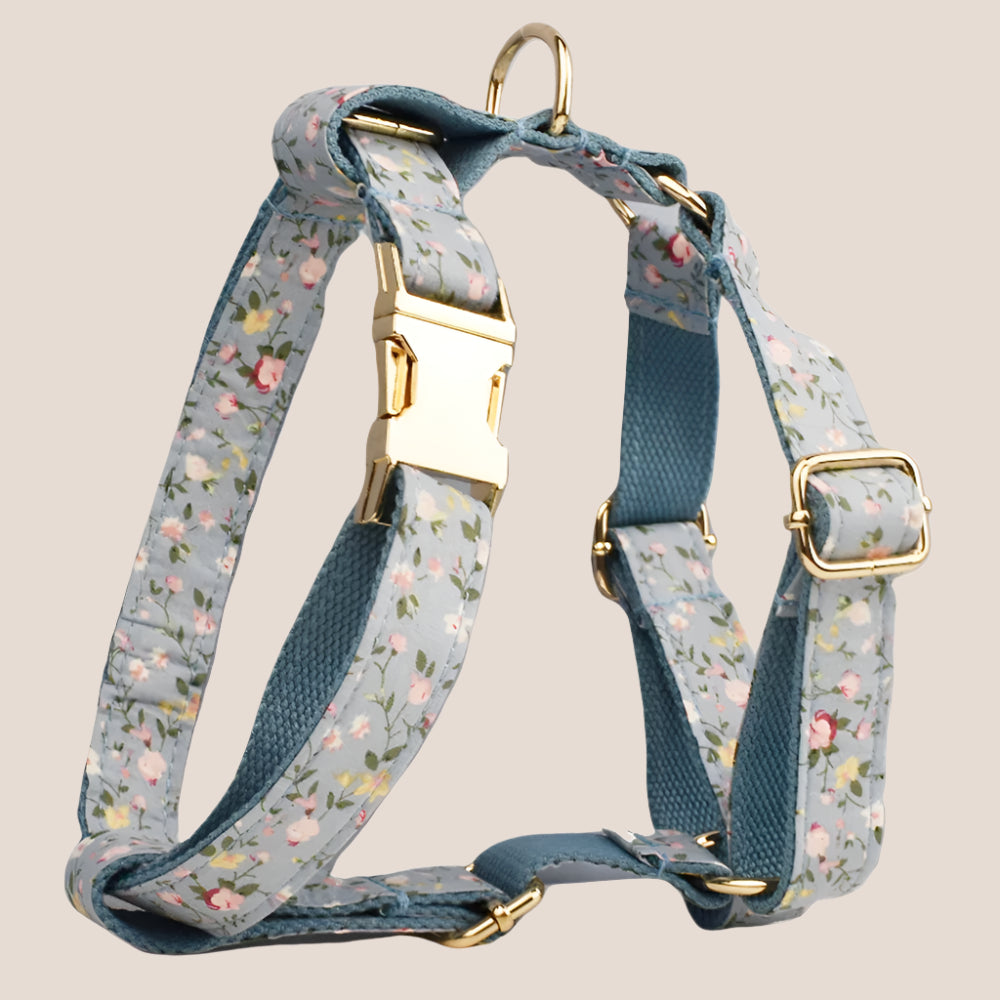 Personalized Pet ID Collar, Harness Leash & Accessories Set Blue Floral