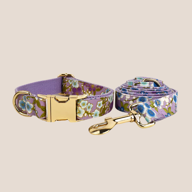 Personalized Pet ID Collar, Harness Leash & Accessories Set Purple Floral