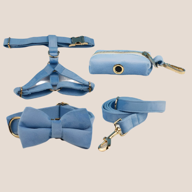 Personalized Pet ID Collar, Harness Leash & Accessories Set Light Blue Velvet