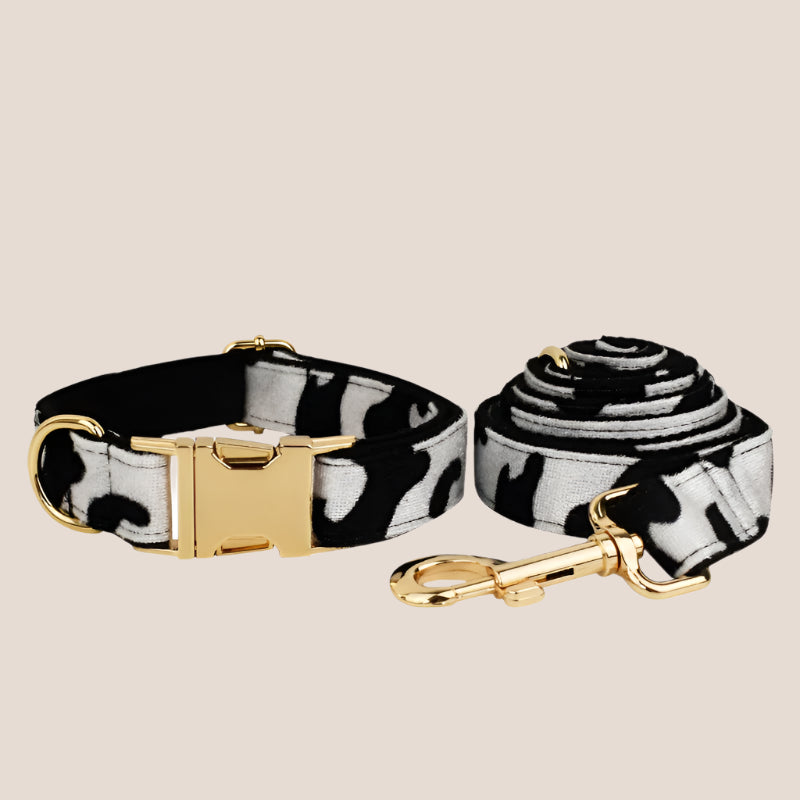 Personalized Pet ID Collar, Harness Leash & Accessories Set Cow Print Velvet