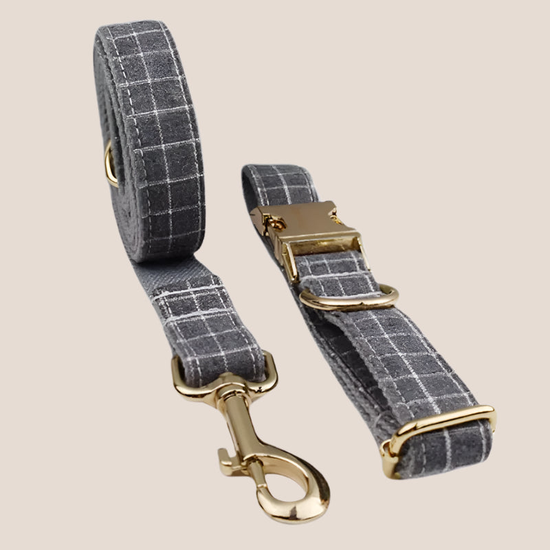 Personalized Pet ID Collar, Harness Leash & Accessories Set Grey Grid
