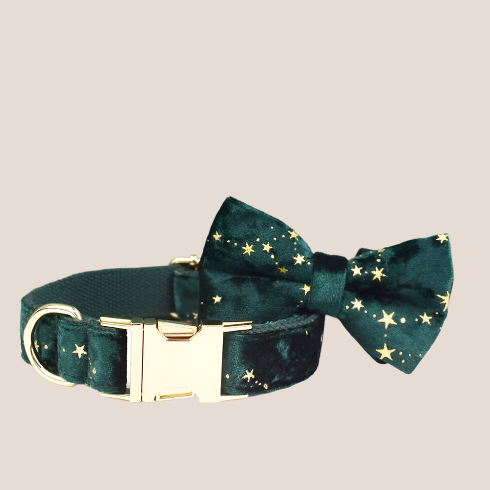 Dark Green & Gold Stars Velvet Engraved Pet Set