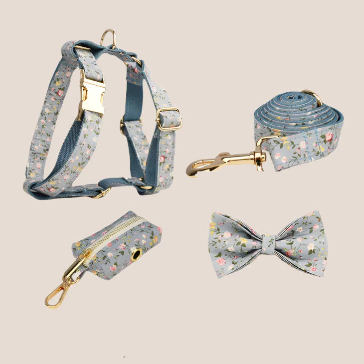 Personalized Pet ID Collar, Harness Leash & Accessories Set Blue Floral