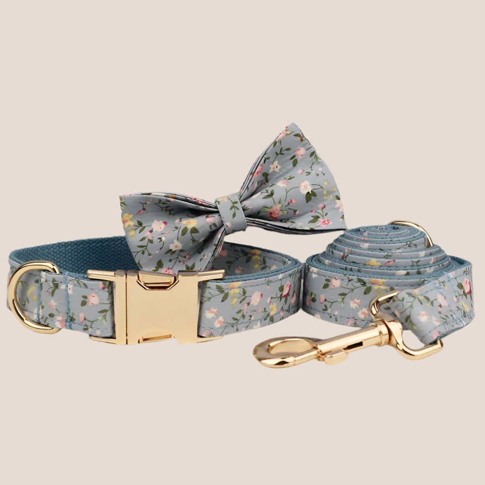 Personalized Pet ID Collar, Harness Leash & Accessories Set Blue Floral