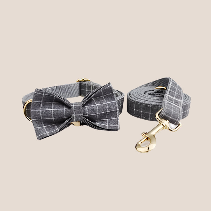 Personalized Pet ID Collar, Harness Leash & Accessories Set Grey Grid