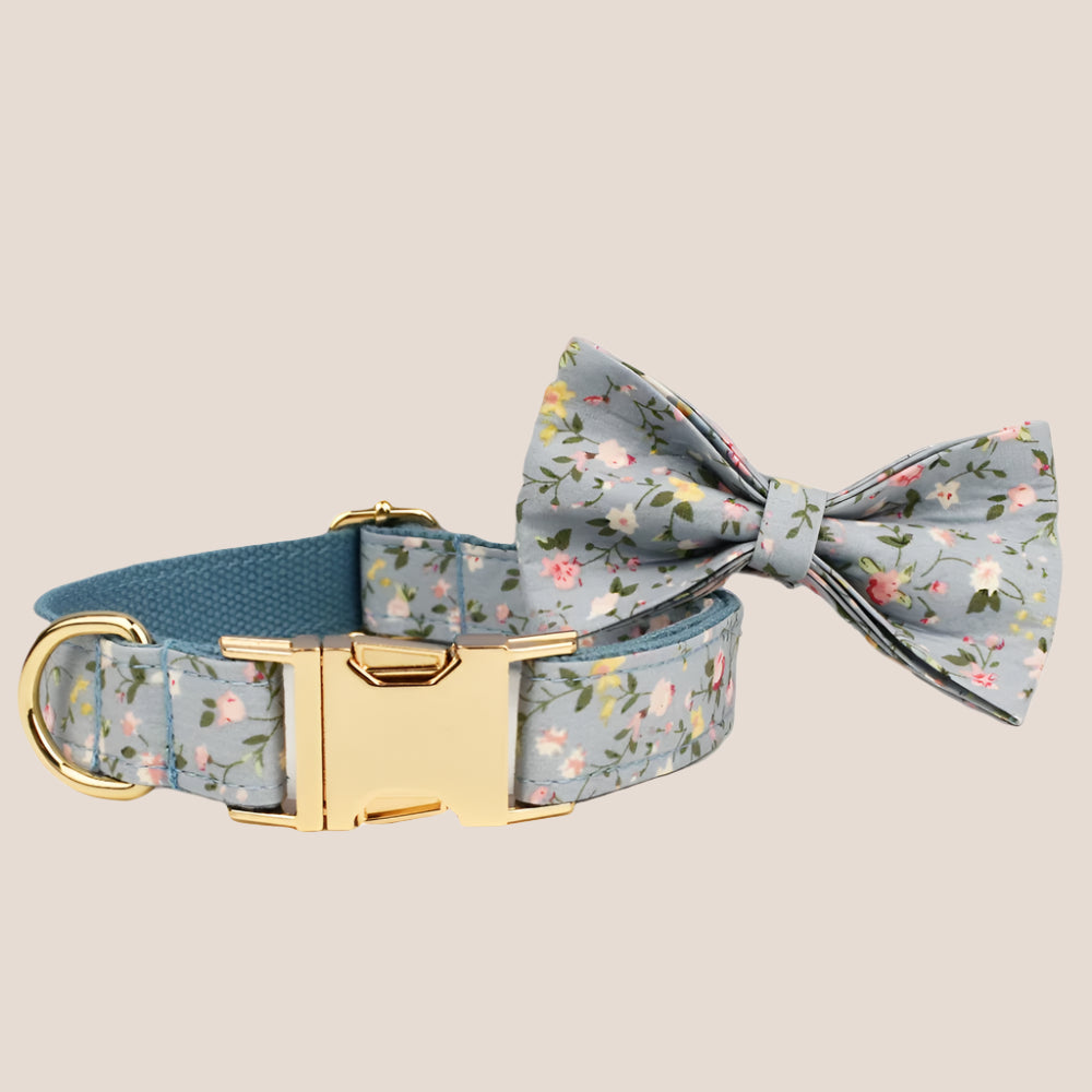 Personalized Pet ID Collar, Harness Leash & Accessories Set Blue Floral