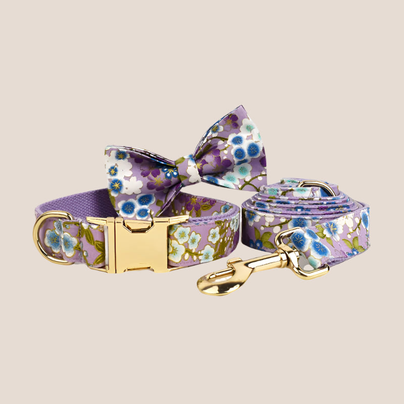 Personalized Pet ID Collar, Harness Leash & Accessories Set Purple Floral