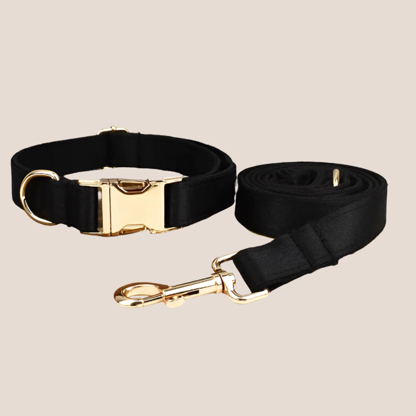 Personalized Pet ID Collar, Harness Leash & Accessories Set Black Satin