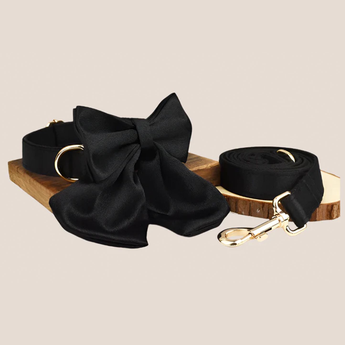 Personalized Pet ID Collar, Harness Leash & Accessories Set Black Satin
