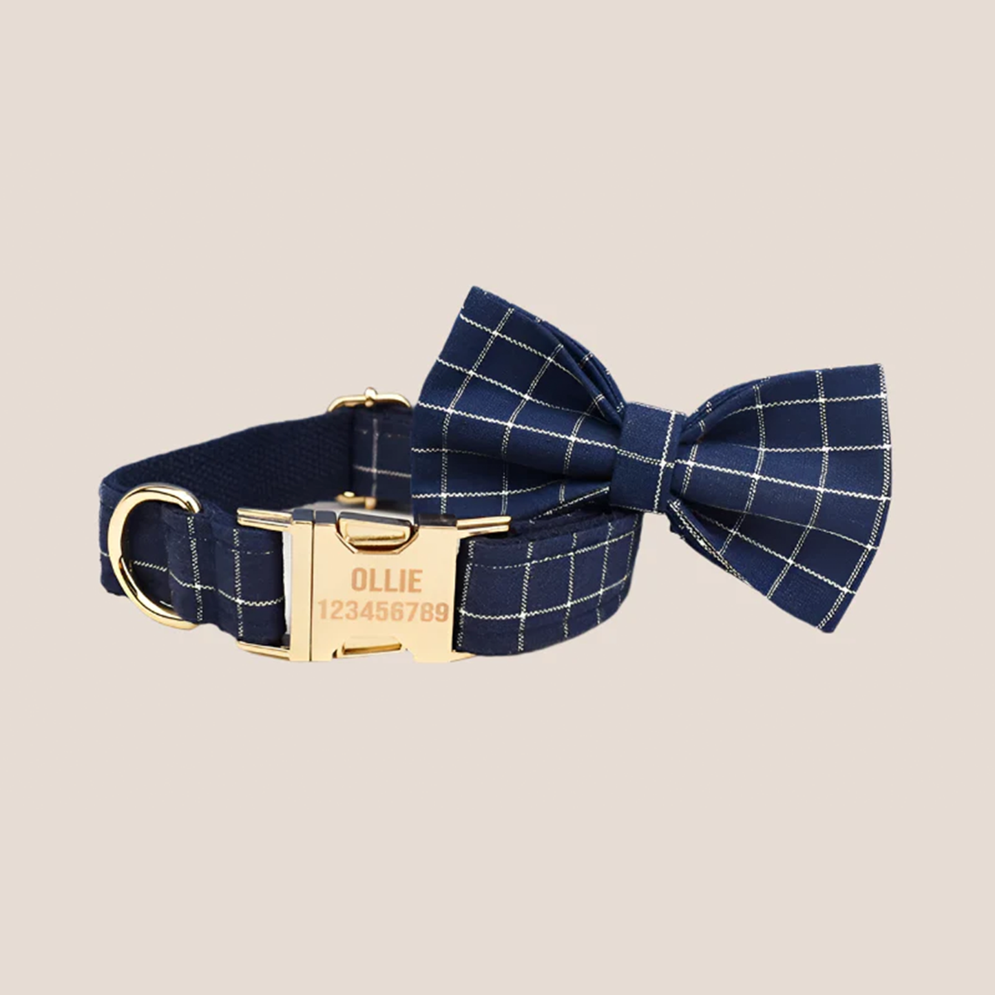 Personalized Pet ID Collar, Harness Leash & Accessories Set Blue Grid