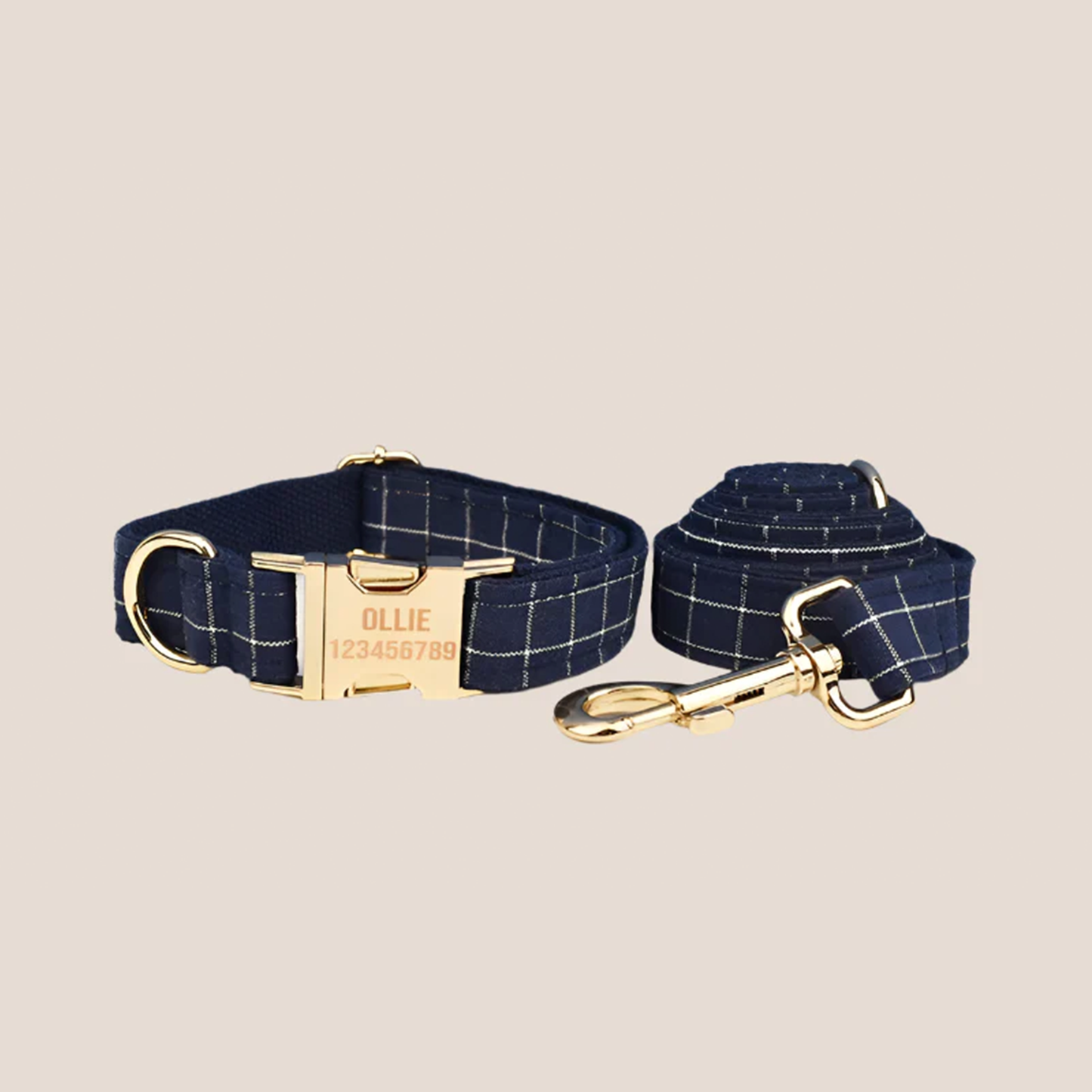 Personalized Pet ID Collar, Harness Leash & Accessories Set Blue Grid
