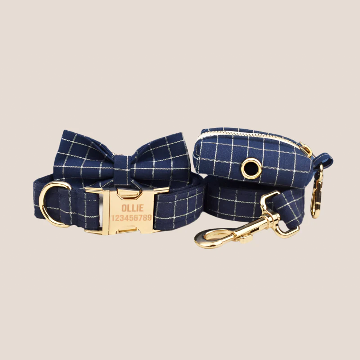 Personalized Pet ID Collar, Harness Leash & Accessories Set Blue Grid