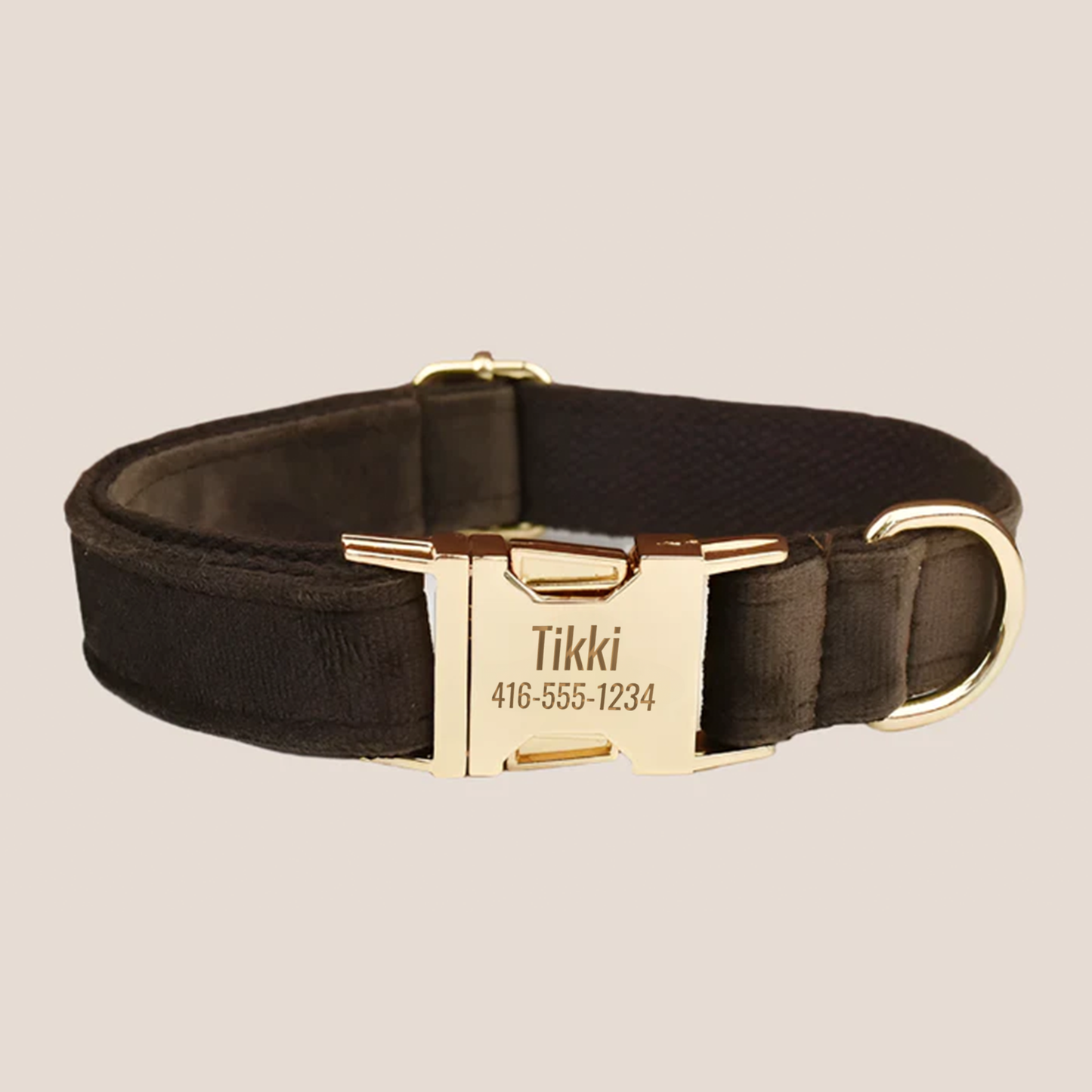Personalized Pet ID Collar, Harness Leash & Accessories Set Brown Velvet