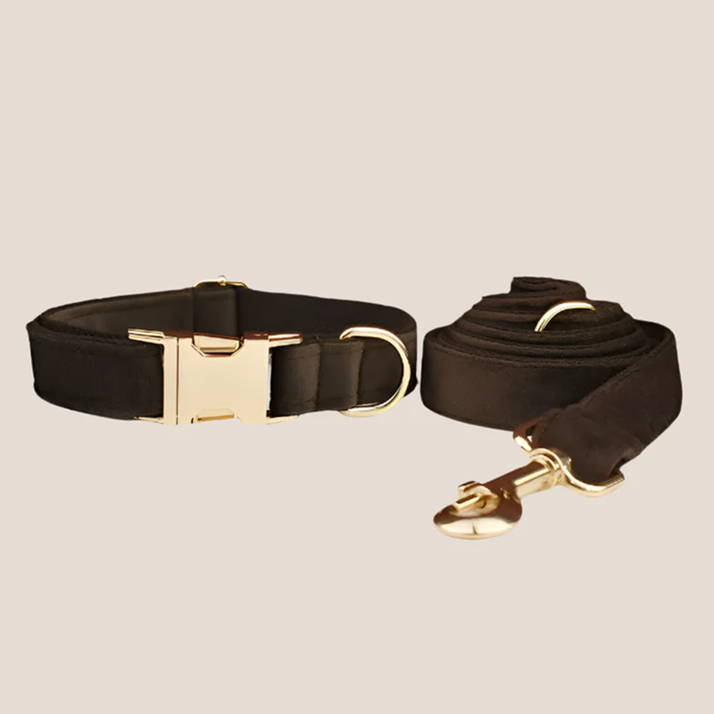 Personalized Pet ID Collar, Harness Leash & Accessories Set Brown Velvet