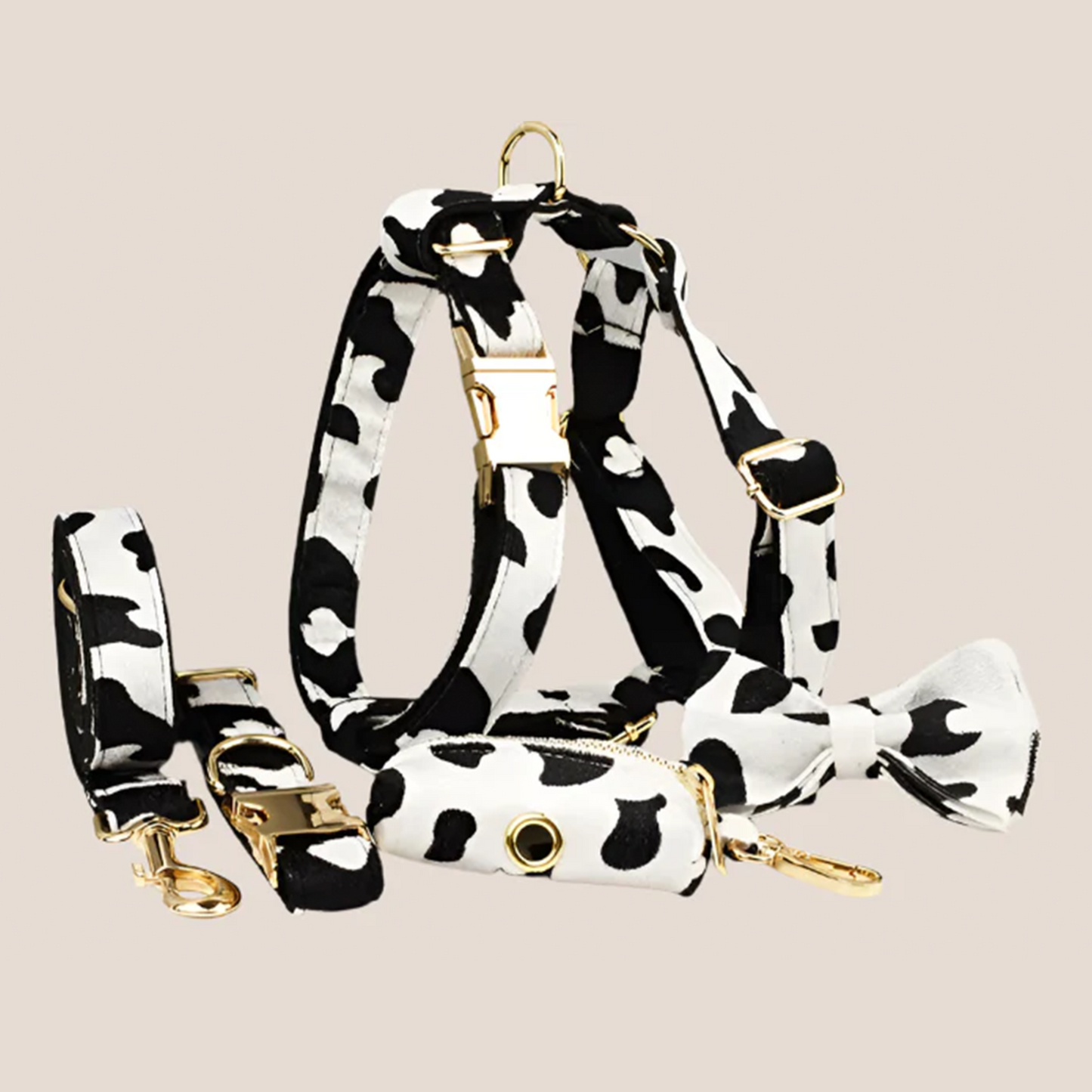 Personalized Pet ID Collar, Harness Leash & Accessories Set Cow Print Velvet