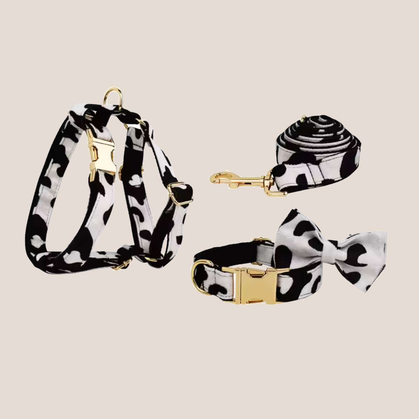 Personalized Pet ID Collar, Harness Leash & Accessories Set Cow Print Velvet