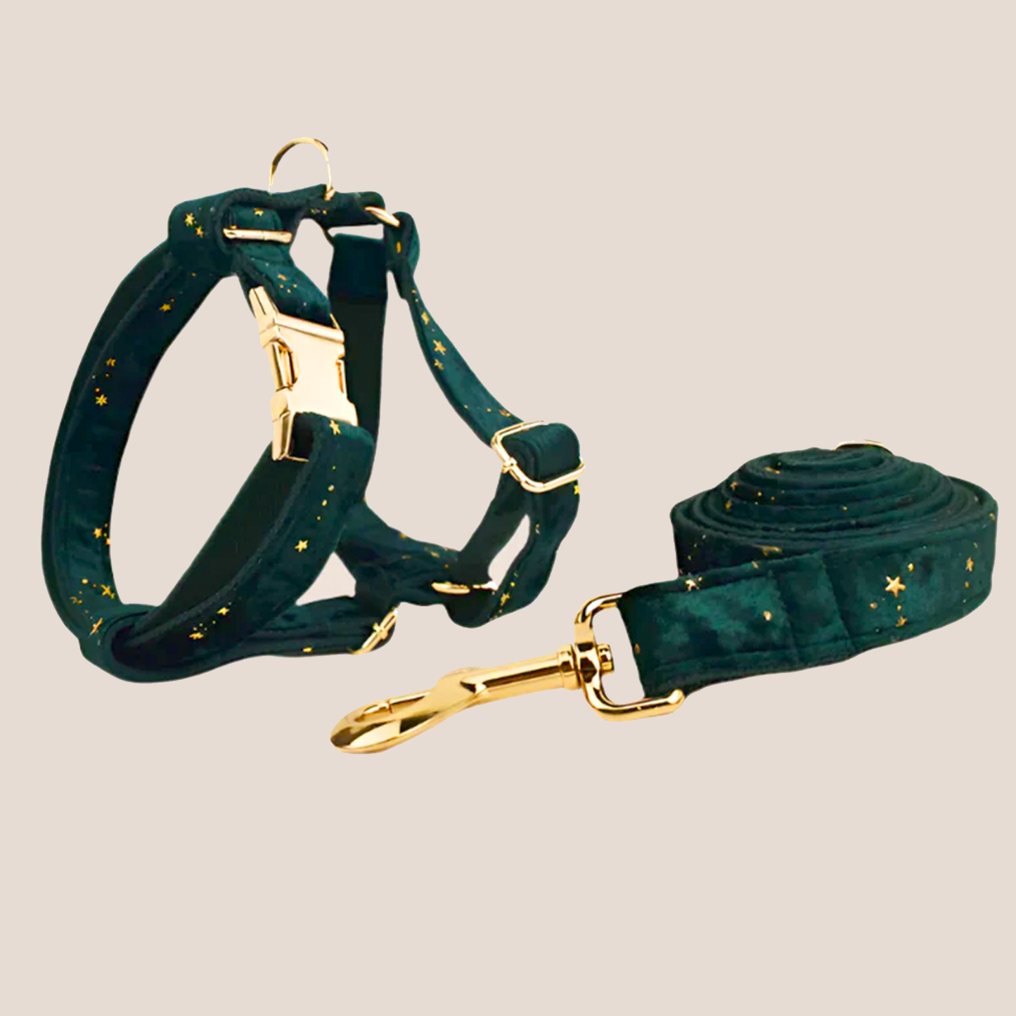 Dark Green & Gold Stars Velvet Engraved Pet Set