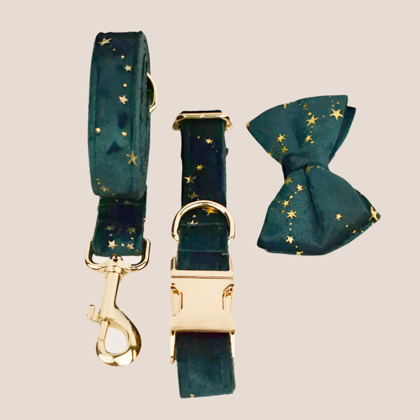 Dark Green & Gold Stars Velvet Engraved Pet Set