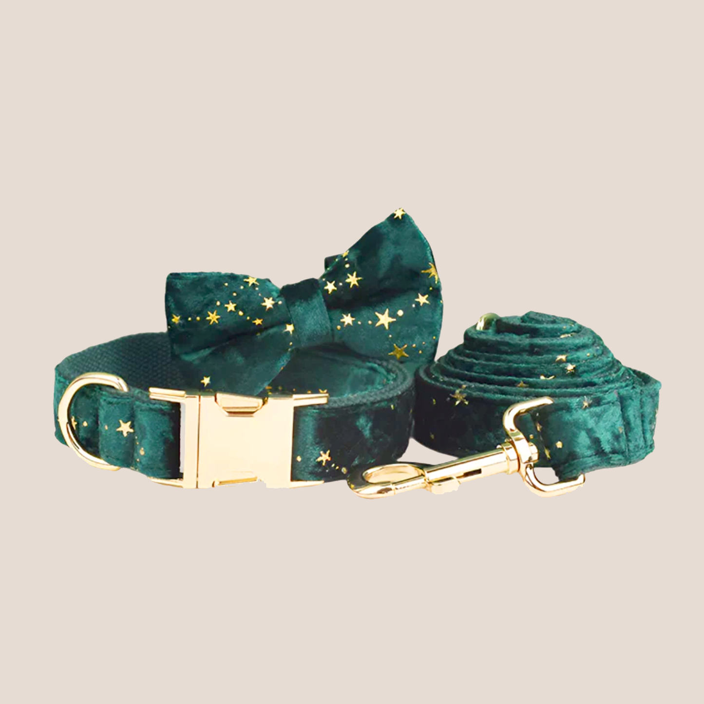 Dark Green & Gold Stars Velvet Engraved Pet Set